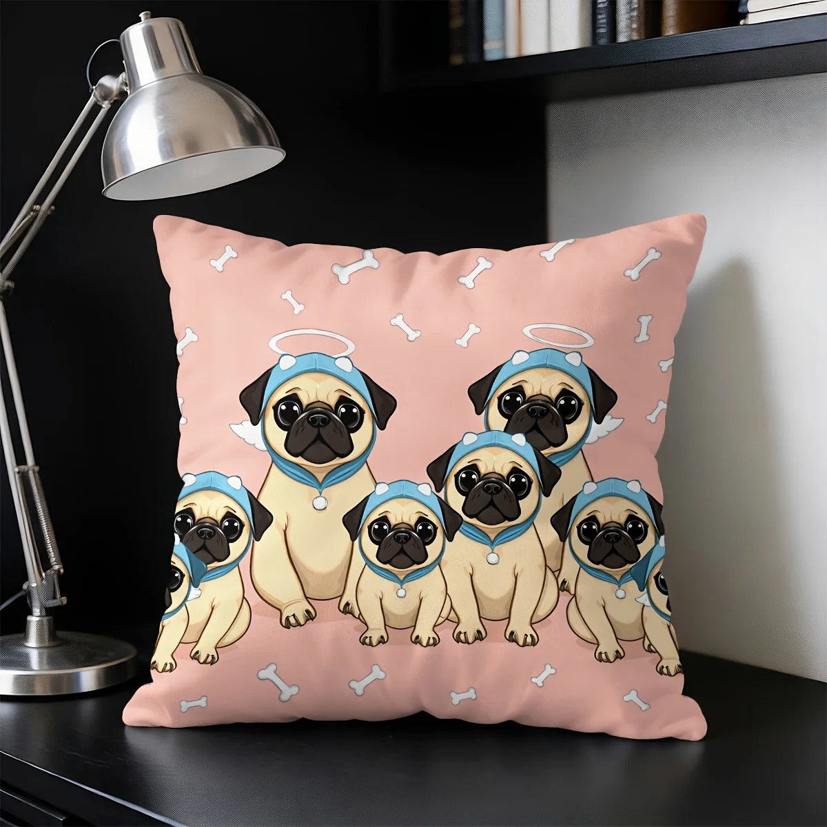 Capa de Almofada Estilo Anjo Cartoon Pug Group, 1 Peça, Decoração para Casa, Casa de Férias, RV, Quarto e Sofá