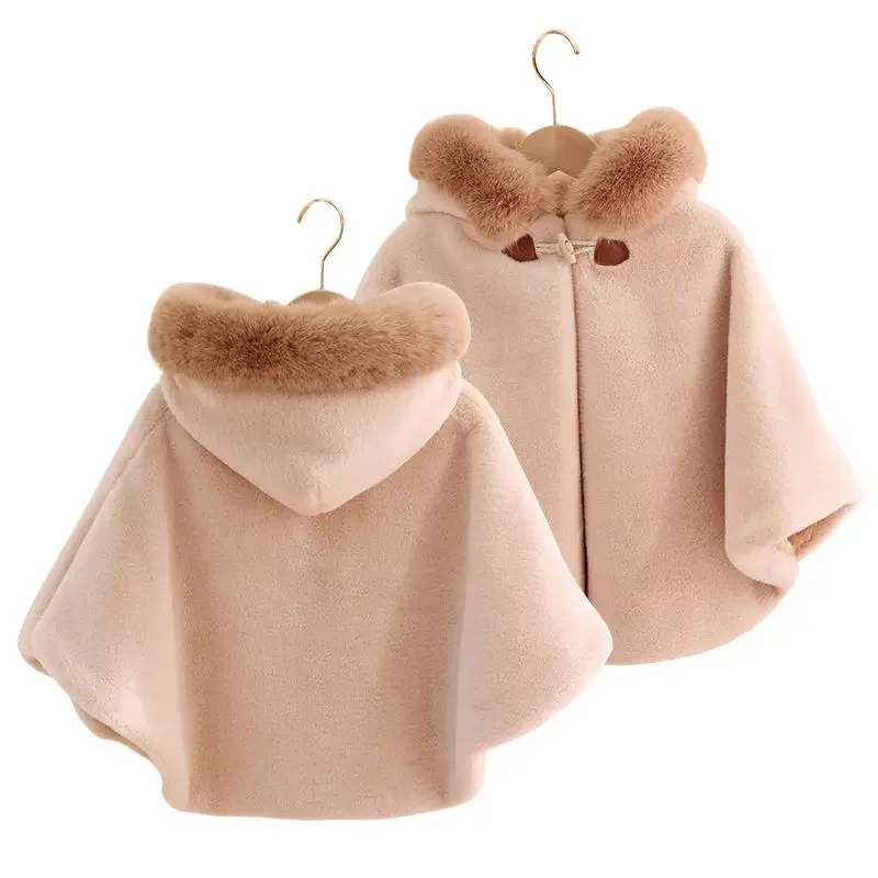 Girls Cashmere Outerwear Trench Children Winter Shawl Cloak Baby Toddler Girl Coats Pink Velvet Cloak Jacket Thick Kid Clothing