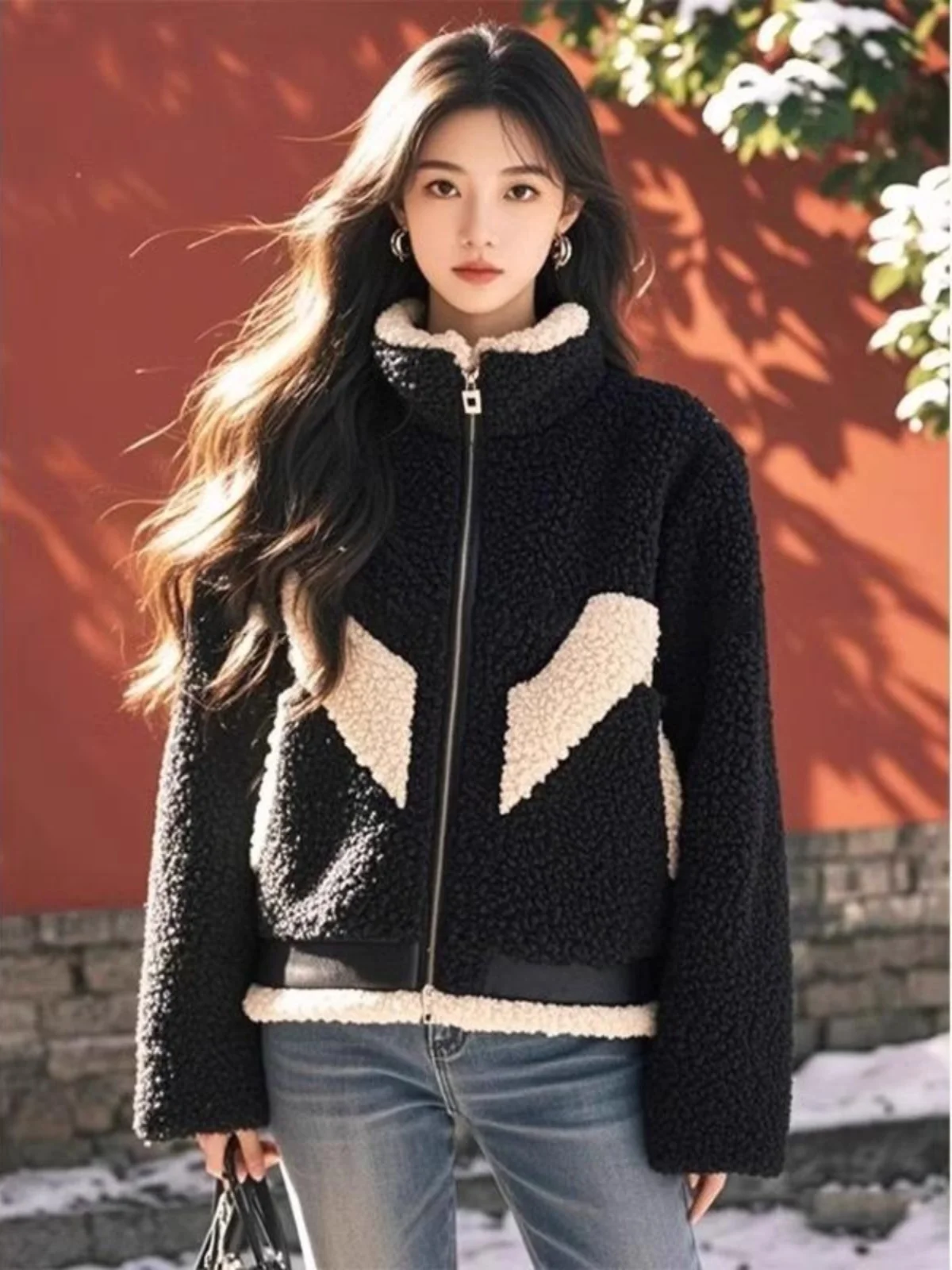 Casaco de Inverno de Pele de Cordeiro Bla Único e Bonito para Mulheres, Moda Elegante, Ajuste Solto com Zíper