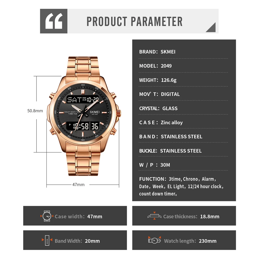 Imagem -05 - Skmei Original Sport Ver Homem Business Fashion Preto Quartz Digit Relógio de Pulso Data Semana Display Relógios para Masculino Aço Inoxidável