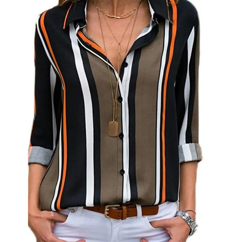 Women Shirt Strip Print Single Breasted Office Shirt Bright Color Lapel Long Sleeve Ladies Blouses Camisa De Mujer Daily Wear