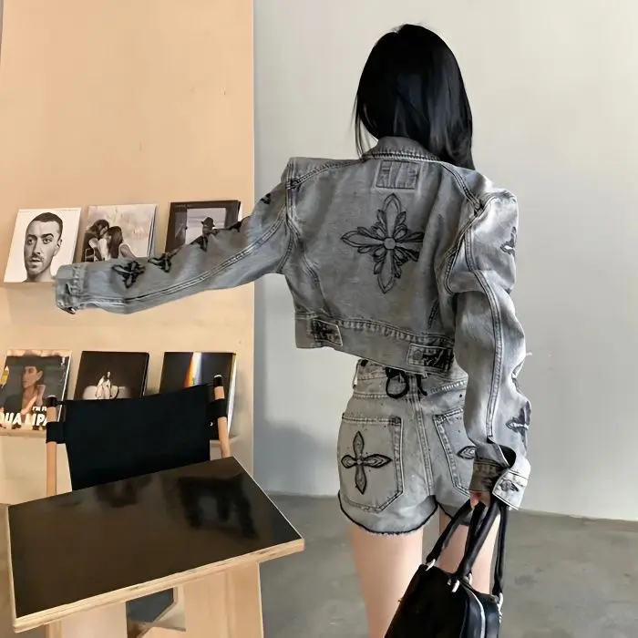 Hand-Painted Washed Short Denim Jacket Women's Cross Motorcycle Style Summer Casual Sport Suit Set Short Jeans Outerwear