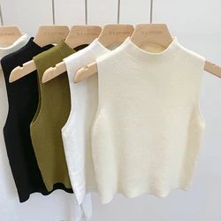 Summer Women's New Round Collar Solid Color Knitting Vest Shirt Threaded Slim Sleeveless Thin Fashion Casual Vest Top