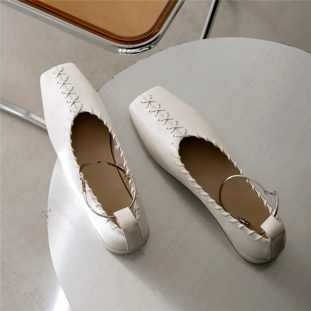 MILI-MIYA Women's Classic Square-Toe Leather Flats With Woven Upper Detail And Metal Ankle Buckle In Solid Colour Big Size 34-43