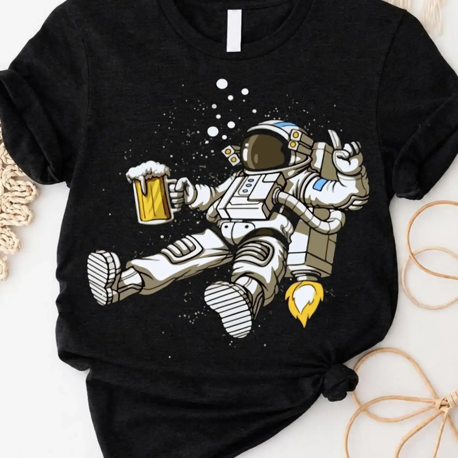 Astronaut Floating with Beer T Shirt Space  vintage Washed fashion designer clothes Slightly streetwear graphic Versatile Soft