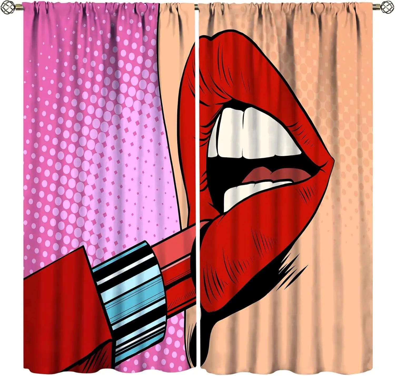 Lips Curtains, Retro Comic Pop Art Girl Applying Red Lipstick Makeup Concept Halftone Background Blackout Rod Pocket Curtains