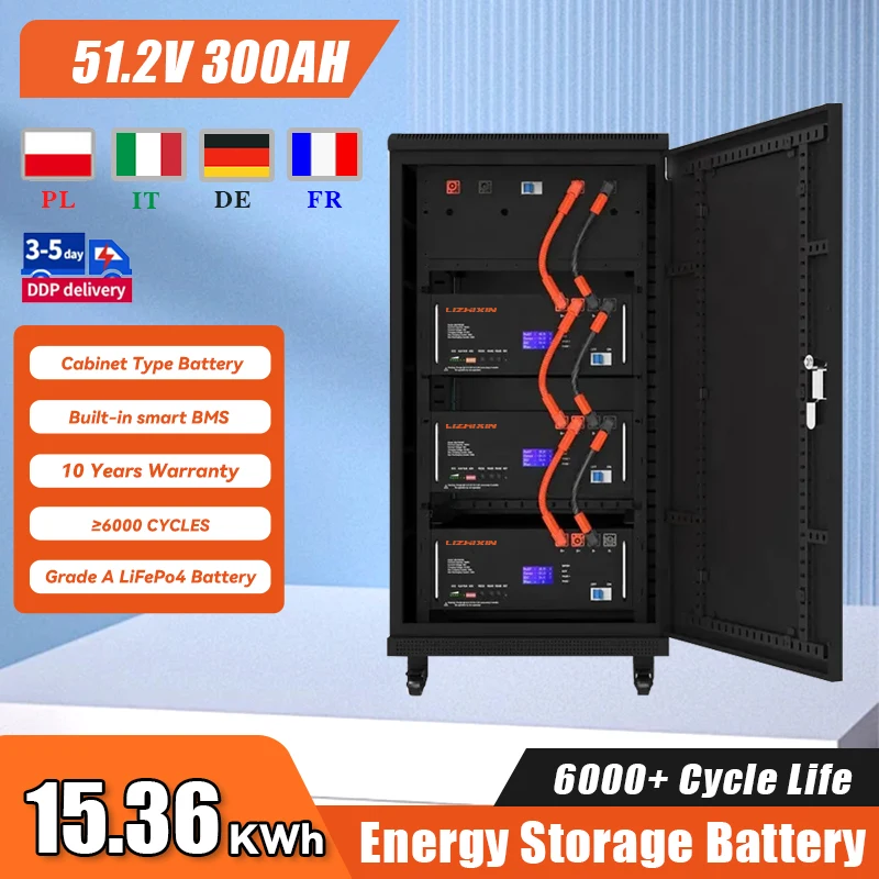 LiFePO4 51.2V 300ah Batteria di accumulo agli ioni di litio montata su rack 100ah 200ah Set di pannelli solari Sistema di accumulo di energia solare