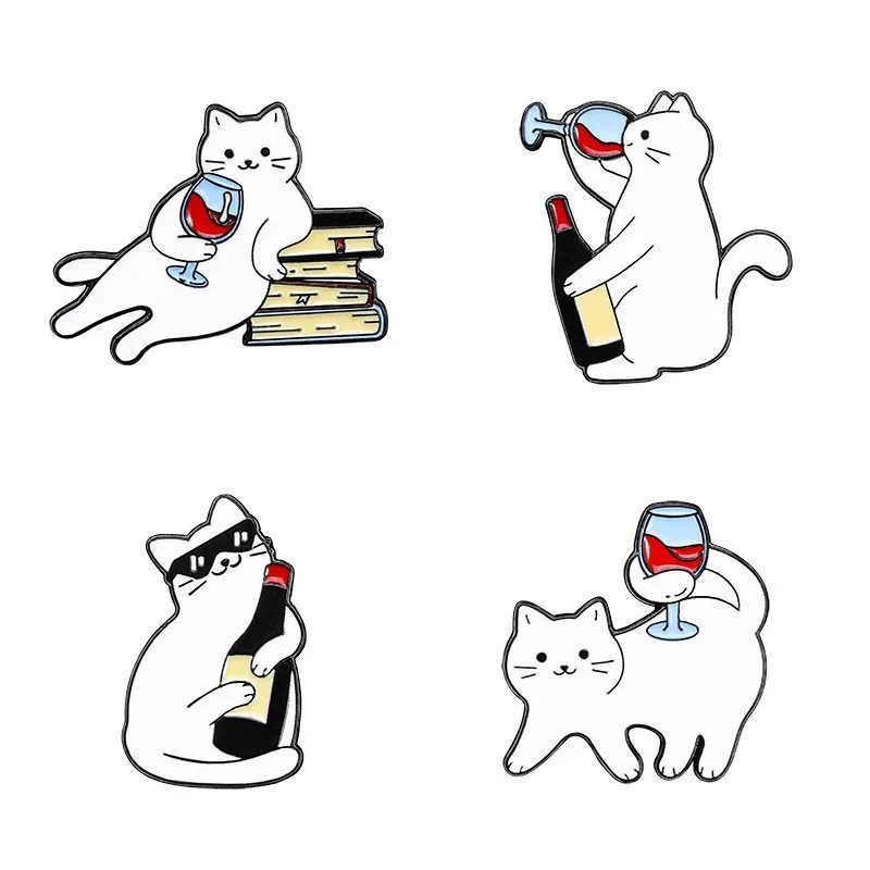 4PCS/Set Cartoon Red Wine Cat Enamel Badges Book Sunglass Cute Whiskey White Cat Metal Pins For Backpack Hat Punk Lapel Brooches