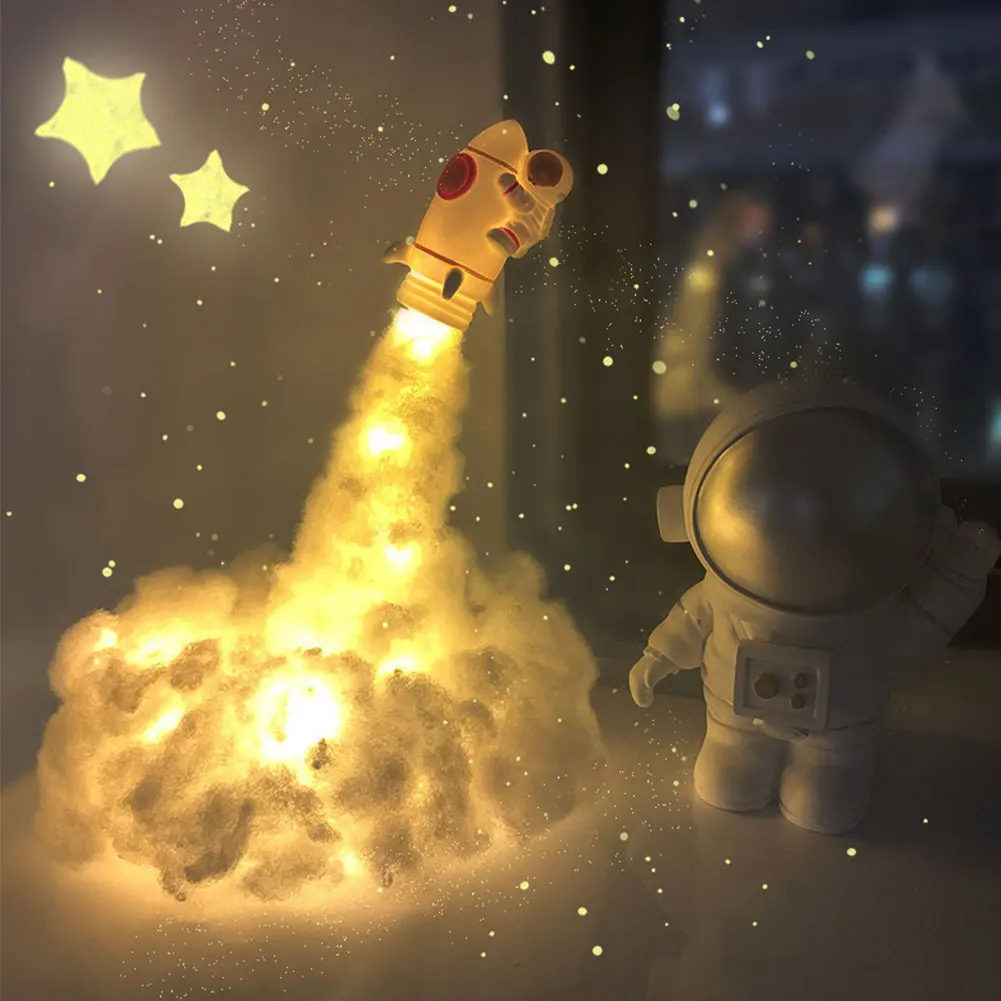 Lámpara de cohete impresa en 3D LED, lámpara de astronauta de nubes de colores con USB recargable para niños, decoración del hogar, luz nocturna,