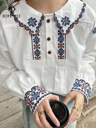 New Autumn Cotton Embroidery Shirt Women Lapel Collar Literature Tops Girl Long Sleeve Loose Blouses Versatile Spring T30048QC