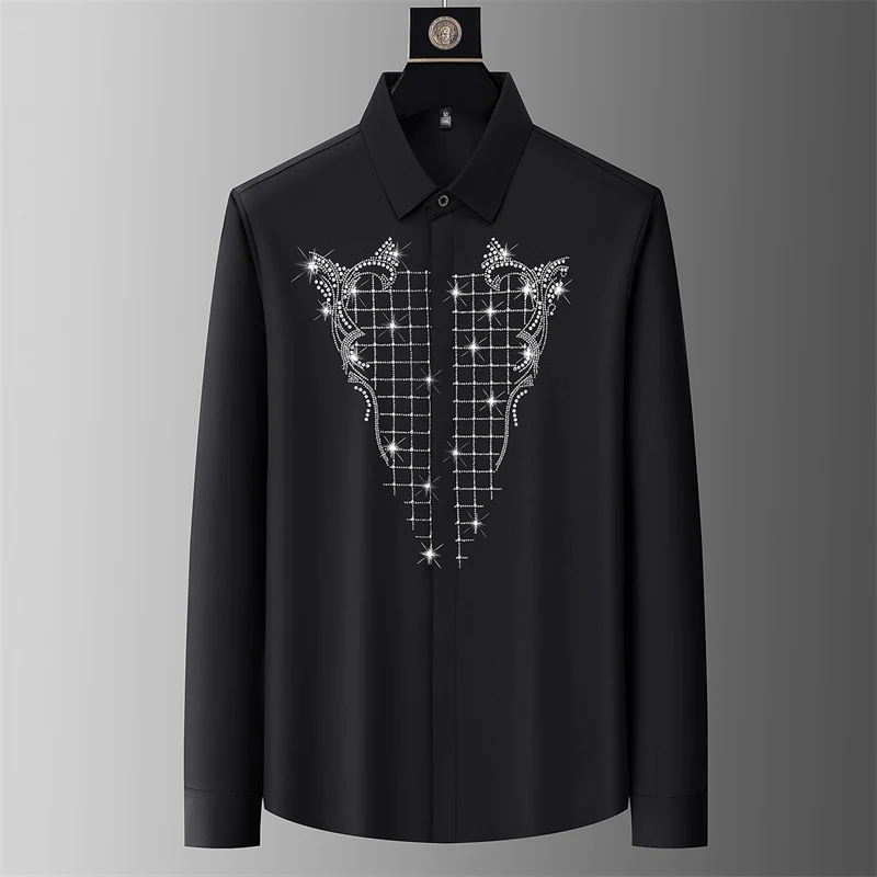 Hotfit Rhinestone Silky Shirts For Men Long Sleeve Covered Button Spring Top Quality Soft Comfortable Seamless Camisas De Hombre