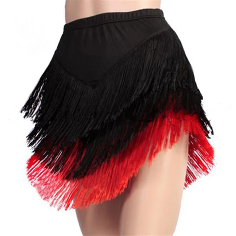 Falda corta de baile latino para mujer, falda Irregular Tricolor con espalda descubierta y borlas en los hombros, Senba Red Dango 2025