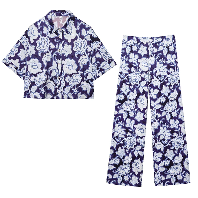 

RAFZNB Mid Waist Straight Leg Pants Sets for Women 2 Pieces Fashion Print Short Shirts Tops Two Piece Set Women Outfits