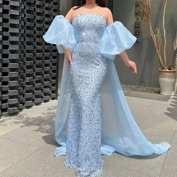 Customized Baby Blue Mermaid Evening Dress Crystal Beaded Sparkly Prom Dress Strapless Puffy Sleeves Formal Dresses For Special