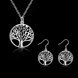 Hot Woman Jewelry Sets Silver Color Fine Retro Round Tree Pendant Necklace Earrings Fashion Party Wedding Holiday Gifts