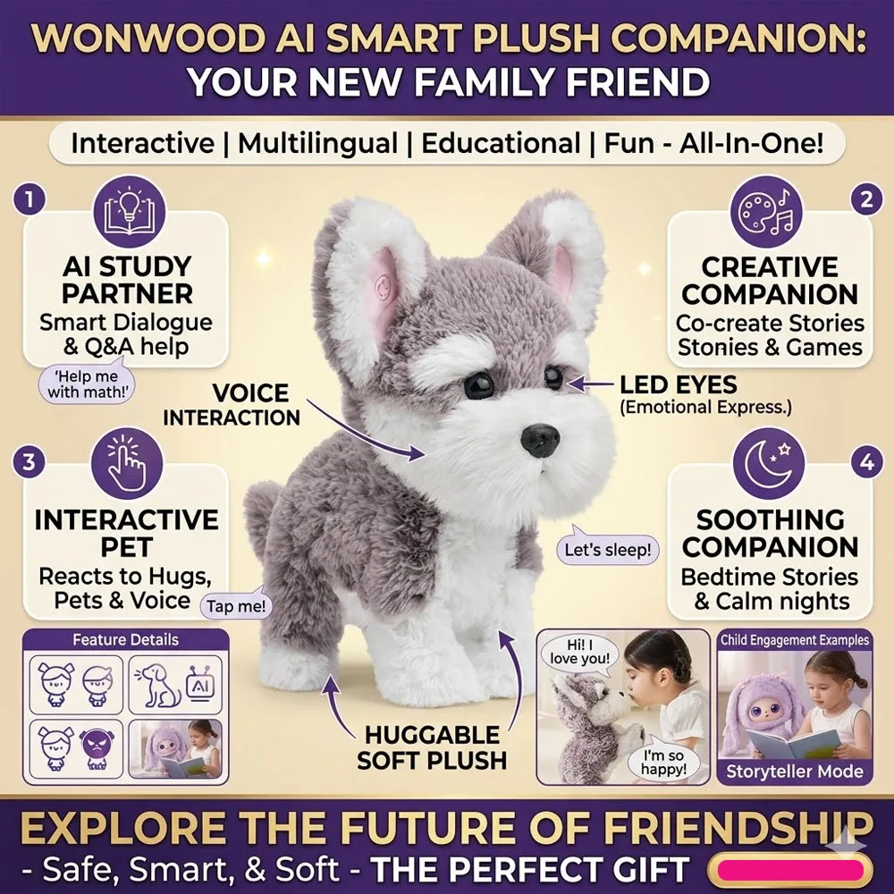 AI Plush Dog,Interactive Schnauzer Companion with LLM Voice Dialogue,Expressive LED EyesTouch Sensors Intelligent Gift for Kids