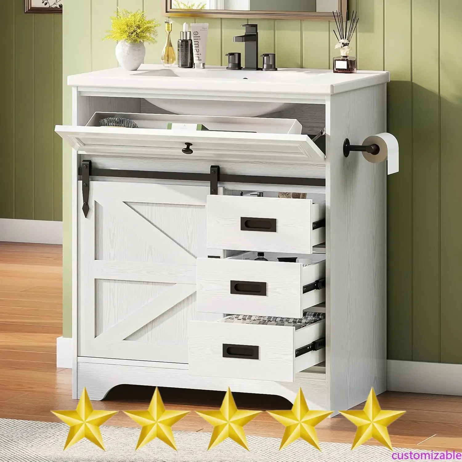 

Настраиваемая 30-дюймовая тумба для ванной с раковиной, в стиле фермерского дома, с металлическими ручками, держателем для бумажных полотенец, белая