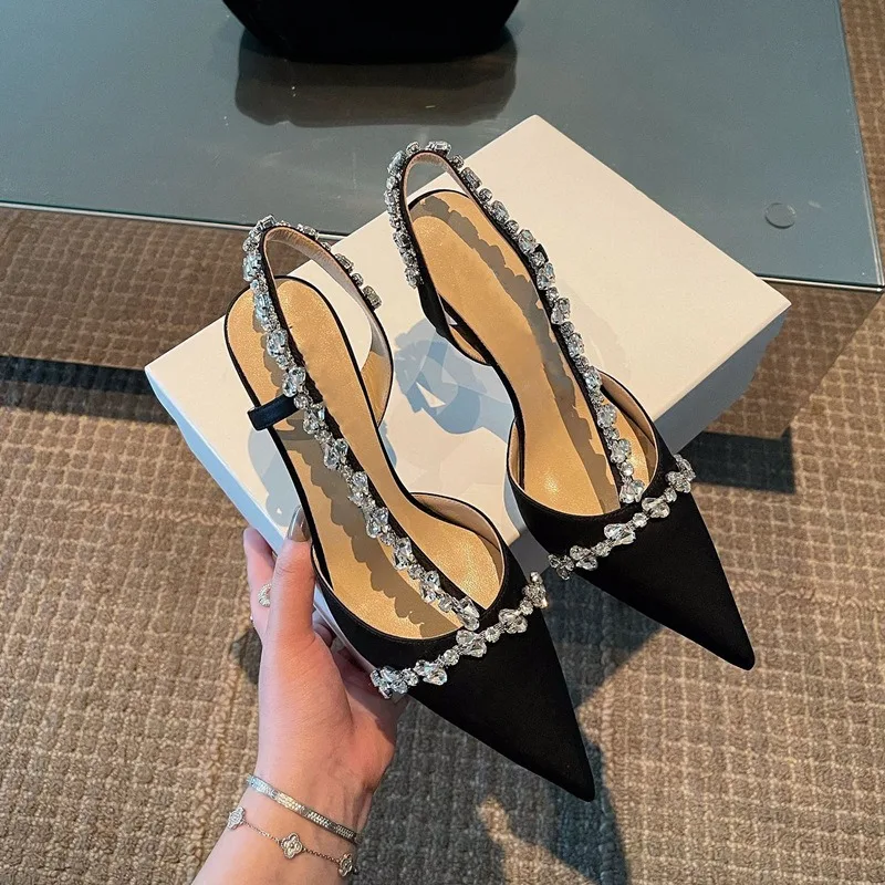 Comemore 2024 White High Heels with Rhinestone Sandals Female Summer Ladies Shoe Elegant Pointed Black Luxury Shoes for Women 34