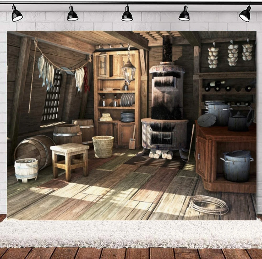 

Rustic Old Kitchen Interior Photography Backdrop Hanging Fishes Foods Old Furnace Wooden Floor Farmer Cowboy Shoot Background