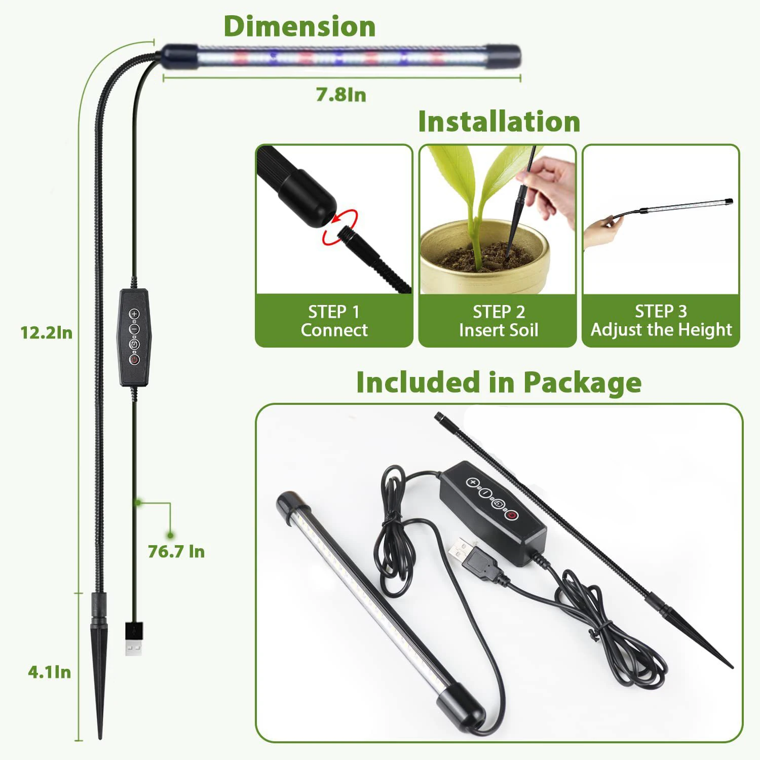 Luz de crecimiento de plantas, luz de relleno interior LED de espectro completo USB, temporizador de encendido/apagado automático 360, 1 ud. °   tubo de cuello de cisne ajustable regulable