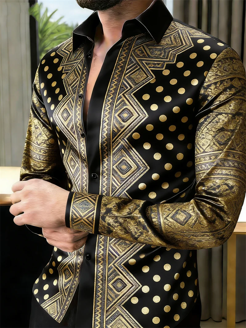 New 11 color men's long sleeved shirt with gold 3D printing, fashionable polka dot pattern, luxurious shirt style