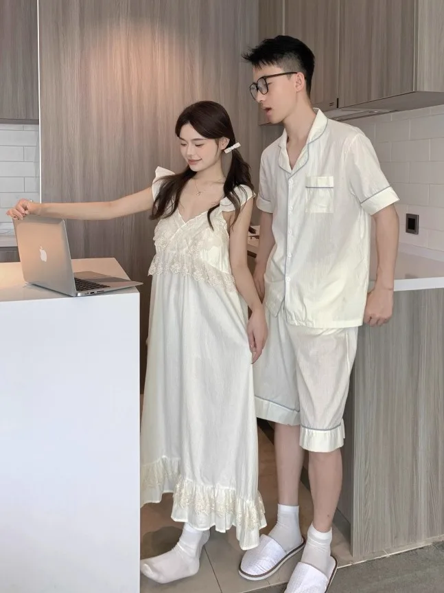 Sweet Girl Palace Style Heavy Lace Padded Cotton Linen Nightdress Strap Couple Pajamas Summer Wearable