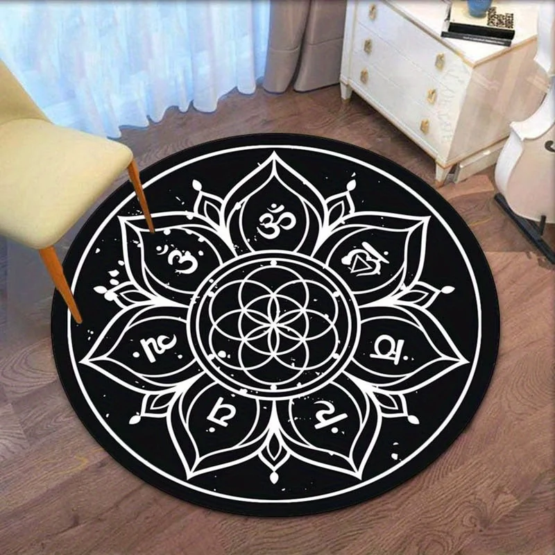 

Черно-белый Мандала Ом Символ Круглый Ковер Йога Медитация Комната Напольный Коврик Духовный Дизайн Дзен Декор Бохо Стиль Зона Коврик