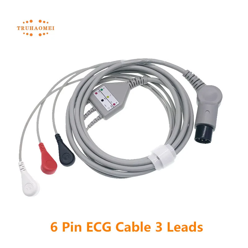 AAMI 6 Pin ECG Cable One Piece 3 Leads and 5 Leadwires Snap or Grabber AHA Veterinary Clip EKG Cable For Multi Brands Monitor