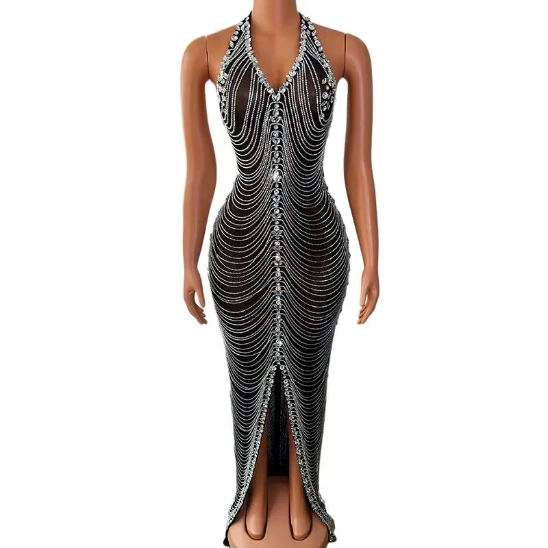 Backless Hanging Neck Deep V-sleeveless Black Sparkling Diamond Floor Mopping Tight Sexy Split Stage Hosting Dress