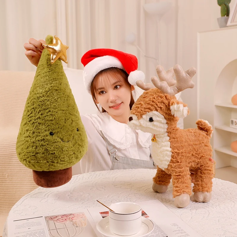 Bonecos de Pelúcia de Cervo Sika Macios para Crianças, Decoração de Natal para a Família, Presentes, Decoração de Casa de Natal, Decoração com Laço e Anel, Cervo de Natal