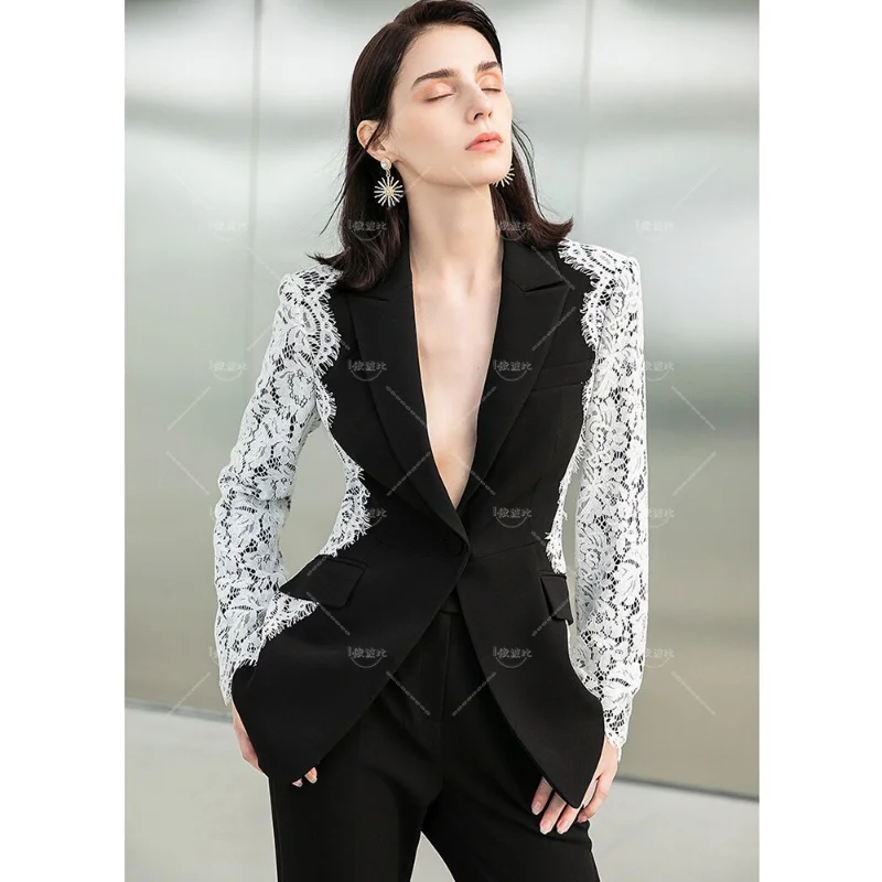 

Black Blazers with Lace Sleeve for Women Weddings 2024 New Fashion Slim Fit One Button Lace Panel Sleeve Coat Suit Formal Blazer