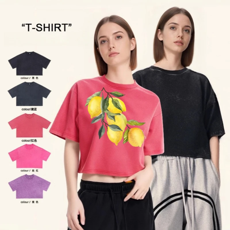 Creative Lemon Pattern Print Summer Cotton Round Neck T-shirt Washed Loose O Neck Short Sleeved Women Top