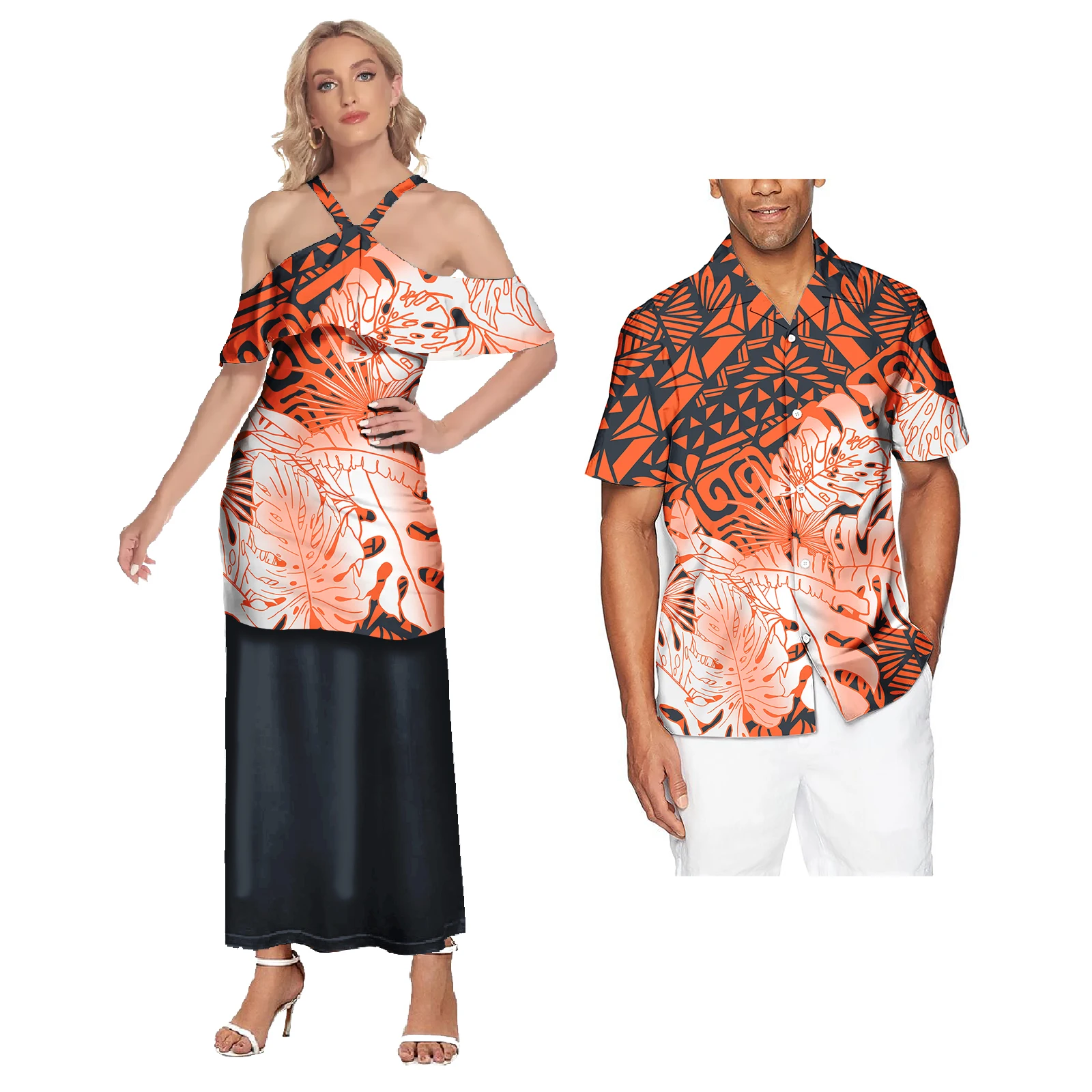 Polynesian Hawaiian Samoan Tropical Floral Couples Tribal Print Dress Mens Shirt Matching Set plus size couple clothing