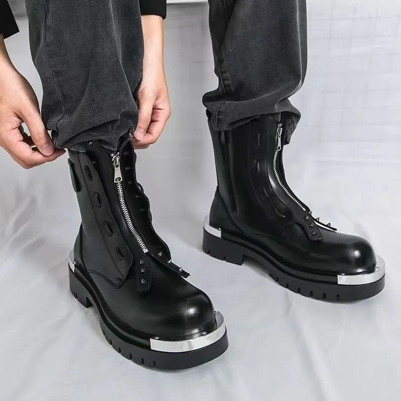 Men's Fashionable Men's Ankle Boots English Style Thick Soled Zipper Boots Round Head Leather Shoes Men Cool Motorcycle Boots