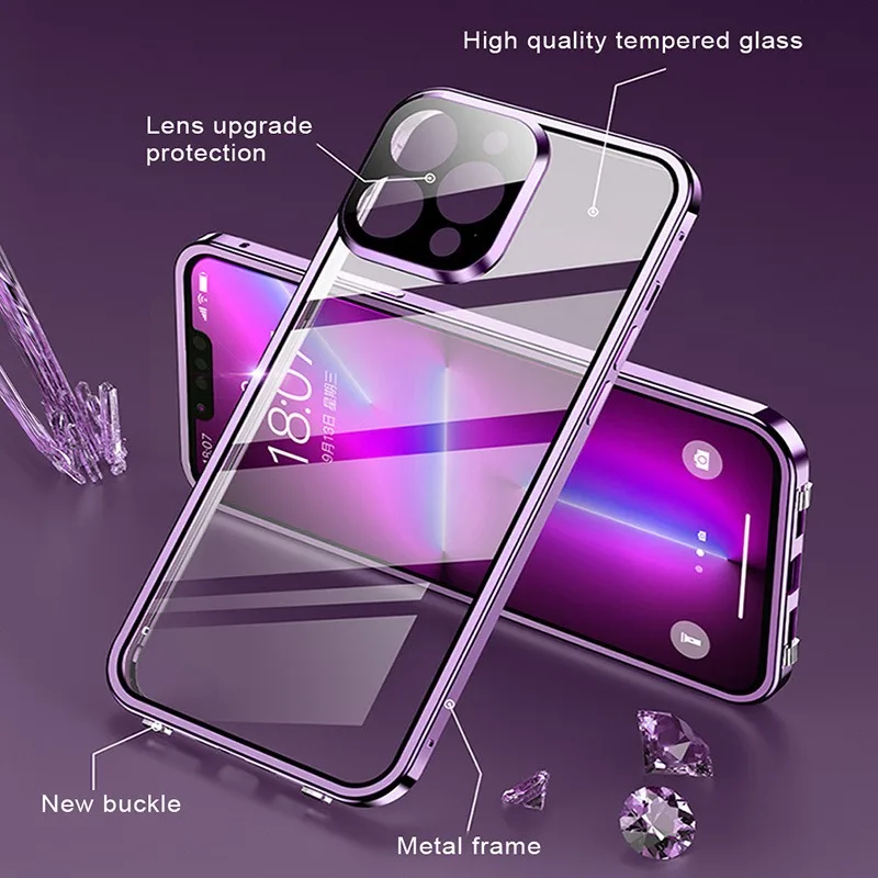 

Double Sided Hd Glass Metal Frame Cover Phone Case For Iphone 1615 14 Plus 13 12 Pro Max Shockproof Lock Catch Camera Lens Prot