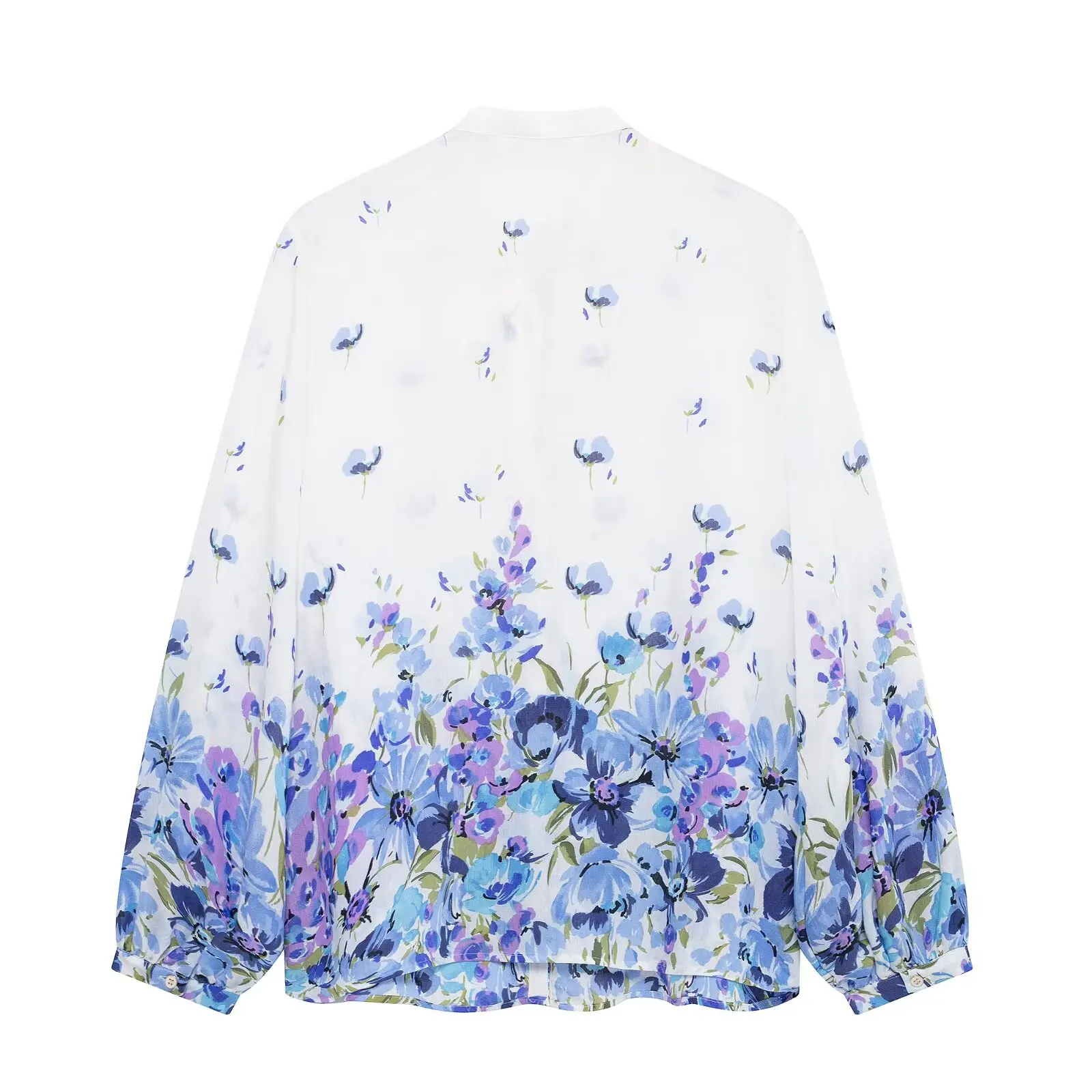 Taop&Za Ladies Printed Blouse with Bow - tie Neckline Charming Blue and Purple Floral Pattern on Crisp White Fabric