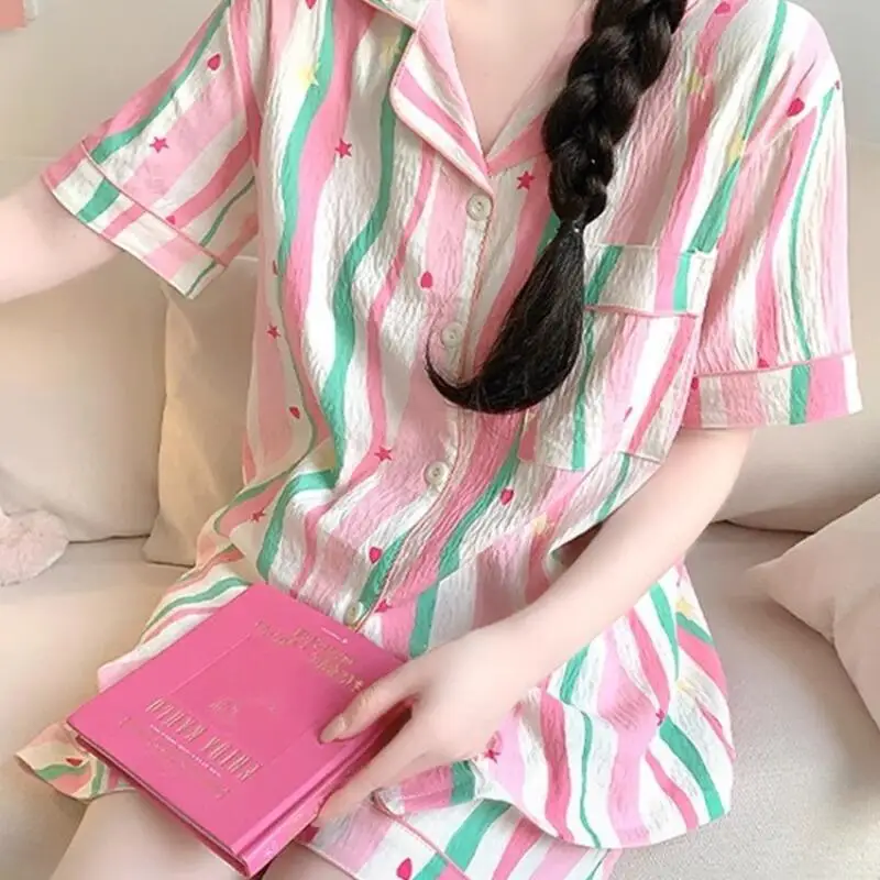 

Sweet and Fashionable Girl's Home Suit Set Cartoon Anime Summer Student Comfortable Short Sleeved Pajamas Two-Piece Set Kawaii