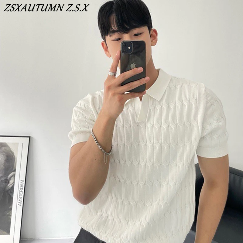 Korean Fashion Men's Knitted Polo Shirt Casual Stripe Elegant Short Sleeve T-Shirt Breathable Light Luxury Simple Summer Top