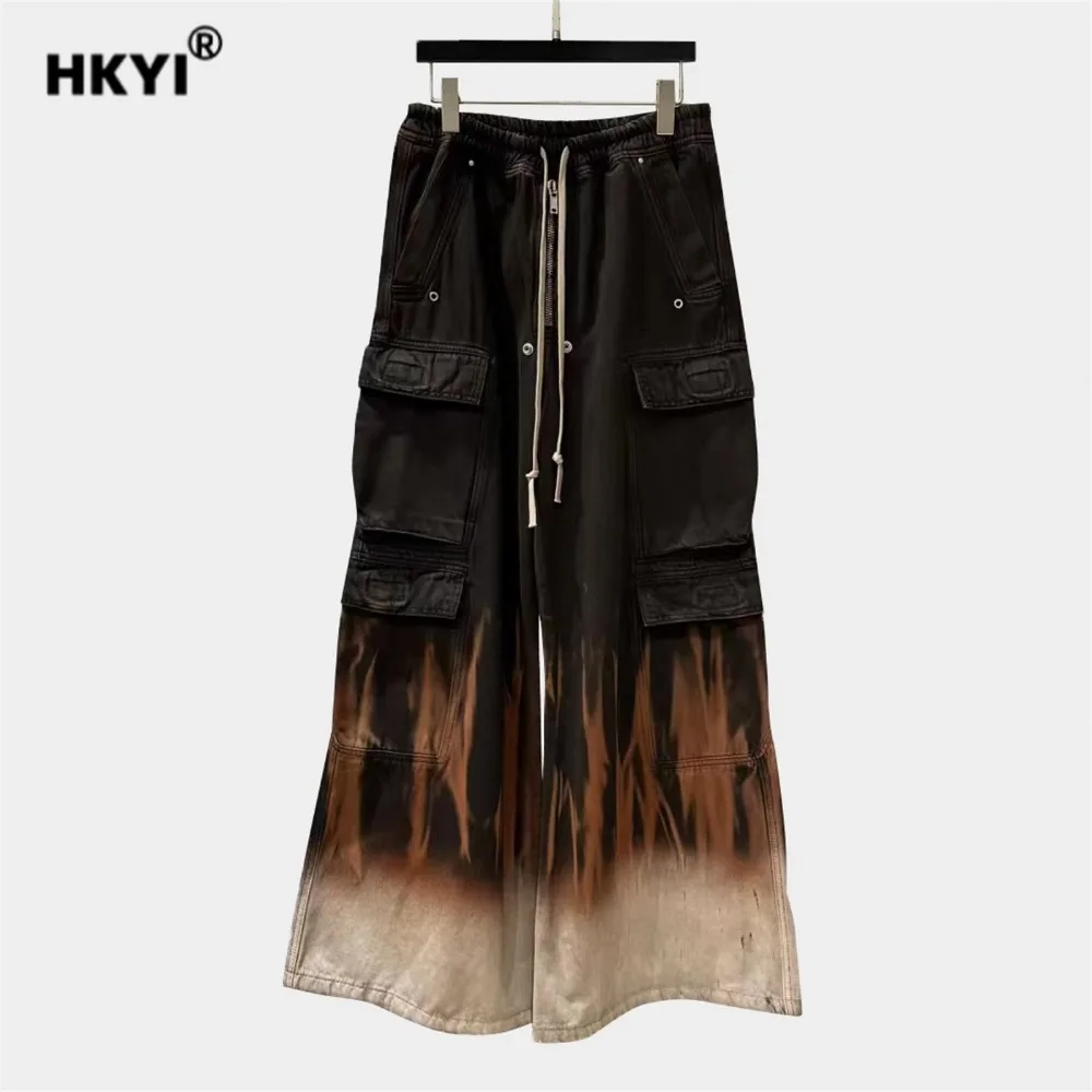 HKYI Men's workwear trousers denim pants, retro streetwear, tie dye, mop pants, wide leg pants baggy men pants