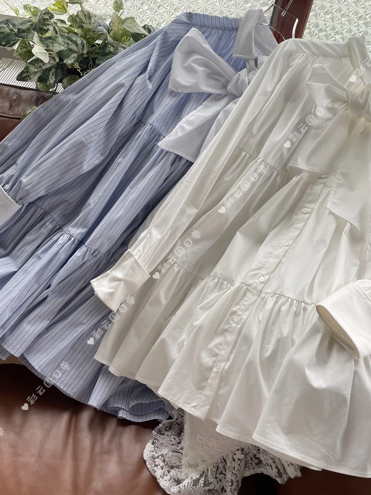 Elegancka francuska koszula z dużą kokardą, długi rękaw, styl japoński, damska luźna sukienka wyszczuplająca, krótka, codzienna, bazowa koszula/top.