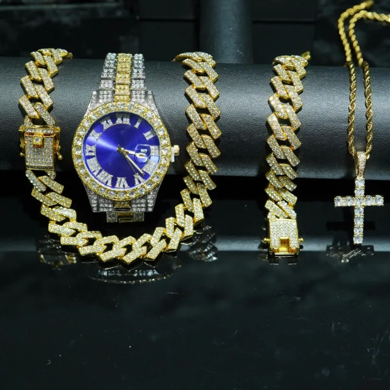 Hip Hop Roman Numerals Watch & Cuban Link Bracelet Set for Men - Alloy Calendar Quartz Wristwatch - Trendy Streetwear Jewelry