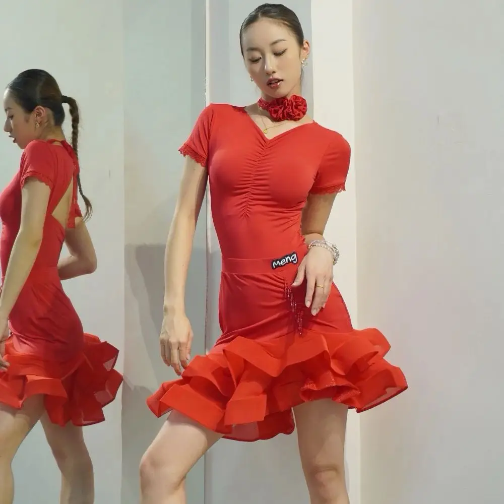 Feminino novo sexy vestido de dança latina trajes de desempenho roupa vermelha com decote em v superior saia espinha de peixe samba dança prática roupas dn22206