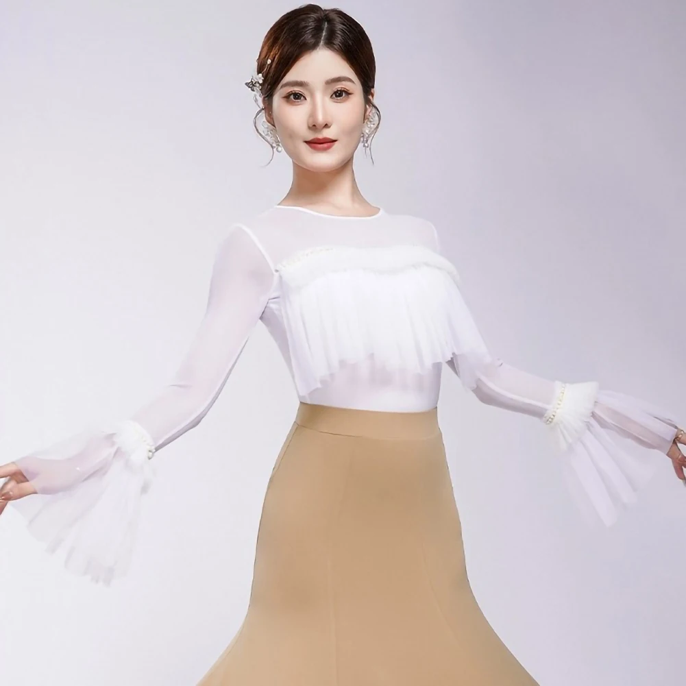 

Элегантный топ для латинских танцев, новый белый топ для танцев с длинными рукавами, черная, розовая, с круглым вырезом, имитация бисера, кружевной женский тренировочный топ