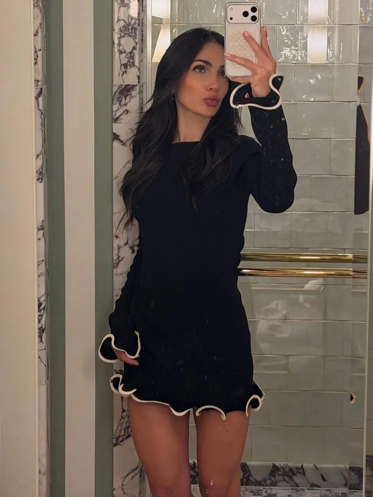 Tossy 패션 여성 니트 미니 드레스 프릴 가을 높은 허리 우아한 슬림 파티 드레스 패치... - 2