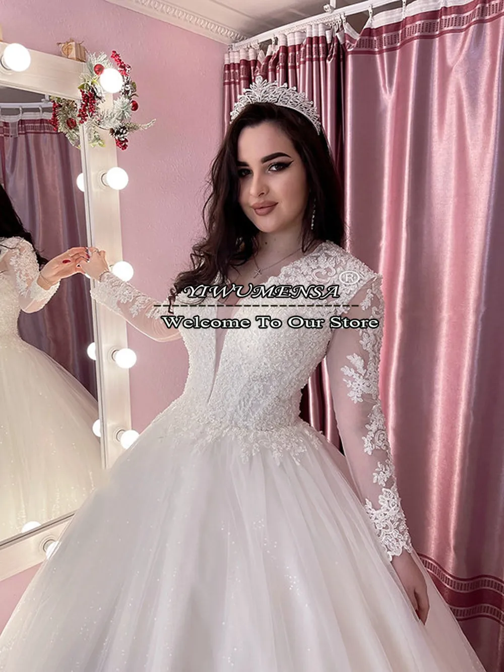 Luxo a linha vestidos de noiva mangas completas branco renda apliques v pescoço formal festa casamento feminino vestidos feitos sob medida