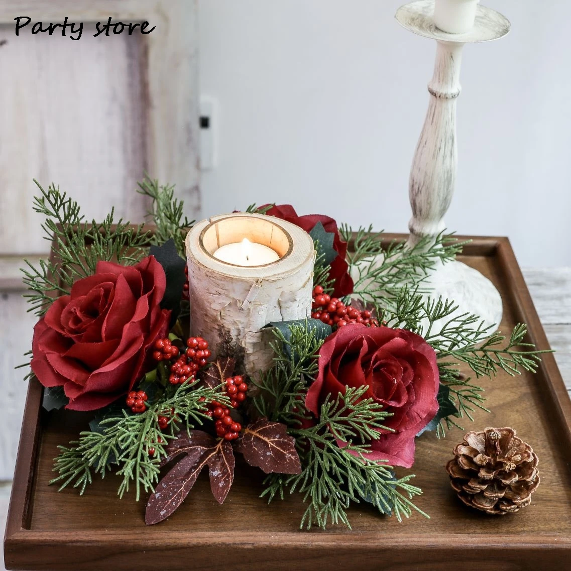 Christmas Candlestick Wreaths Artifical Rose Candles Aromatherapy  Pine Cone Party Table Desktop Arrangement Decorative Supplies