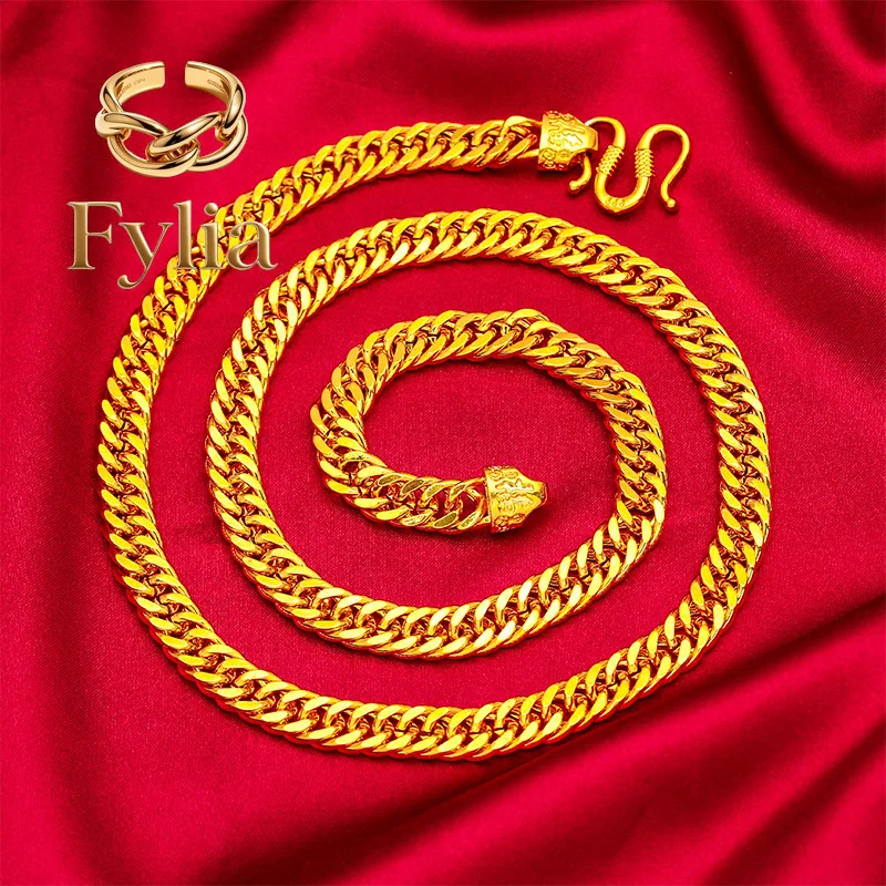 Fylia Jewelry   8mm Men's 24K Gold (AU999) Flat Necklace | Openwork mechanical chain, micro-diamond glow with magnetic closure