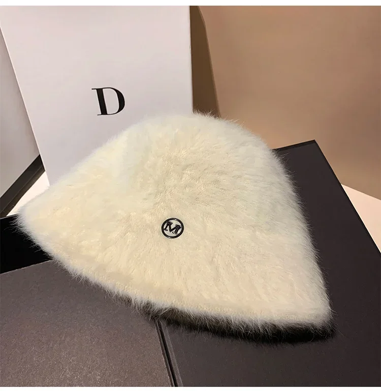Korea Designer M Eimer Hut Frau Warme Plüsch Angola Kaninchen Fell Hut Dame Herbst Winter Ins Mode Becken Hut Retro Flauschigen Panama – Detail 9