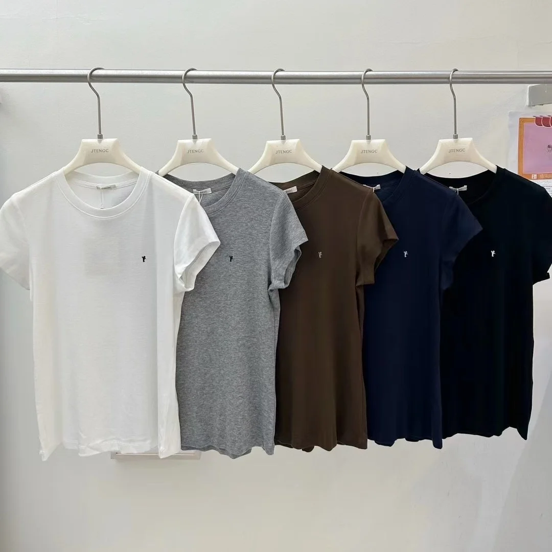 JTEN 2025年夏 レディース ルーズフィット ラウンドネック 半袖Tシャツ 伸縮性 刺繍ラベル トレンド 韓国風トップス
