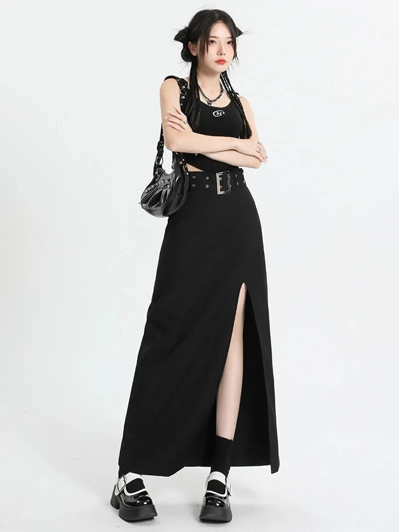 

Women's Black A-line Denim Skirt Vintage Y2k Long Skirt with Slit Harajuku Korean Elegant Skirts Aesthetic 2000s Clothes Summer